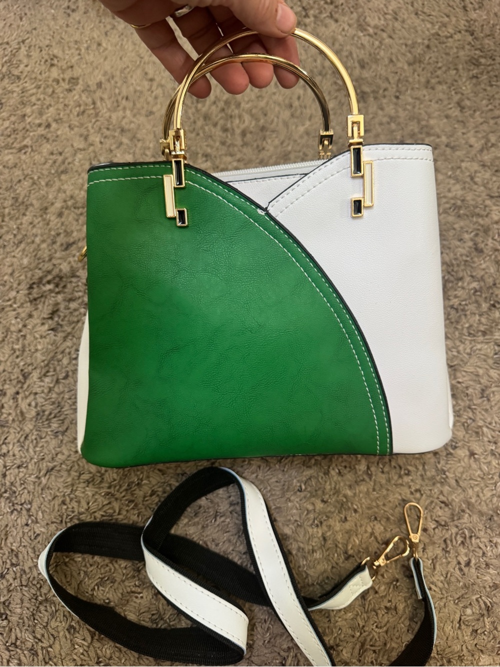 White and Green Structured Top-Handle Satchel